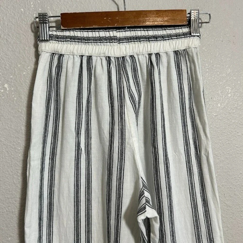 Reformation Crop Wide Leg Linen Pant XS Black White Striped Drawstring High Rise